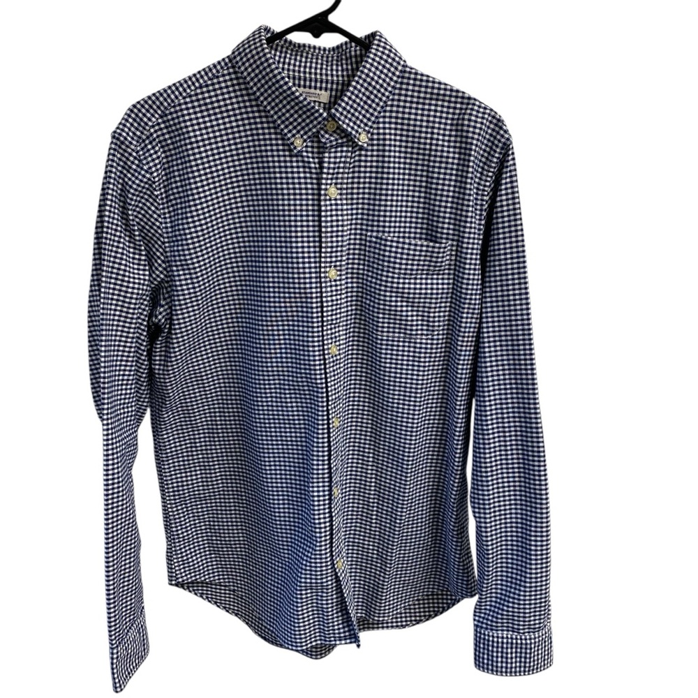 GAP Mens‎ Navy and White Gingham Button Down Shirt 98% Cotton 2% Spandex Pocket